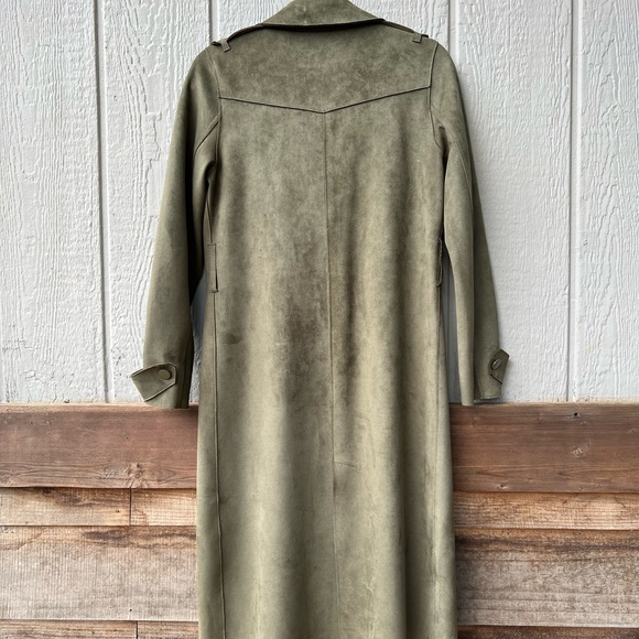 Zara Basic full length faux suede army green button up collared trench coat - Picture 7 of 15